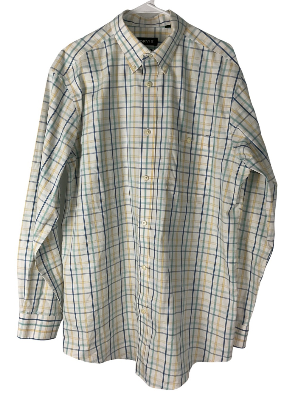 Orvis Men's Button-Down Plaid Shirt White Blue Yellow LT Preppy Business Casual